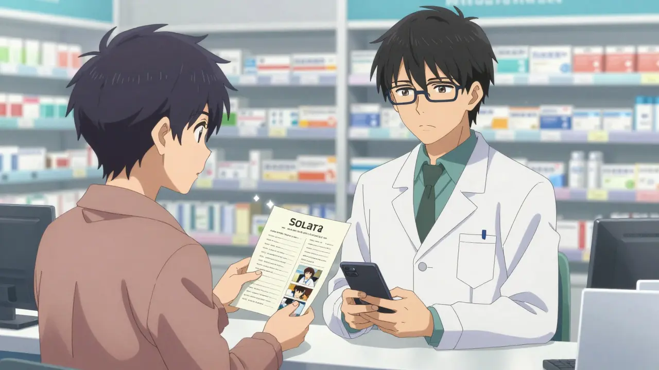 Anime traveler showing prescription docs to pharmacist in clinic