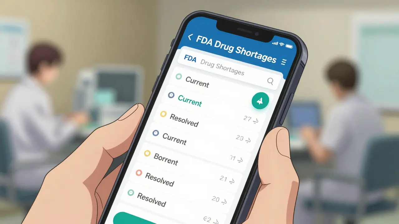 Close-up of a smartphone displaying the FDA drug shortages app alert.