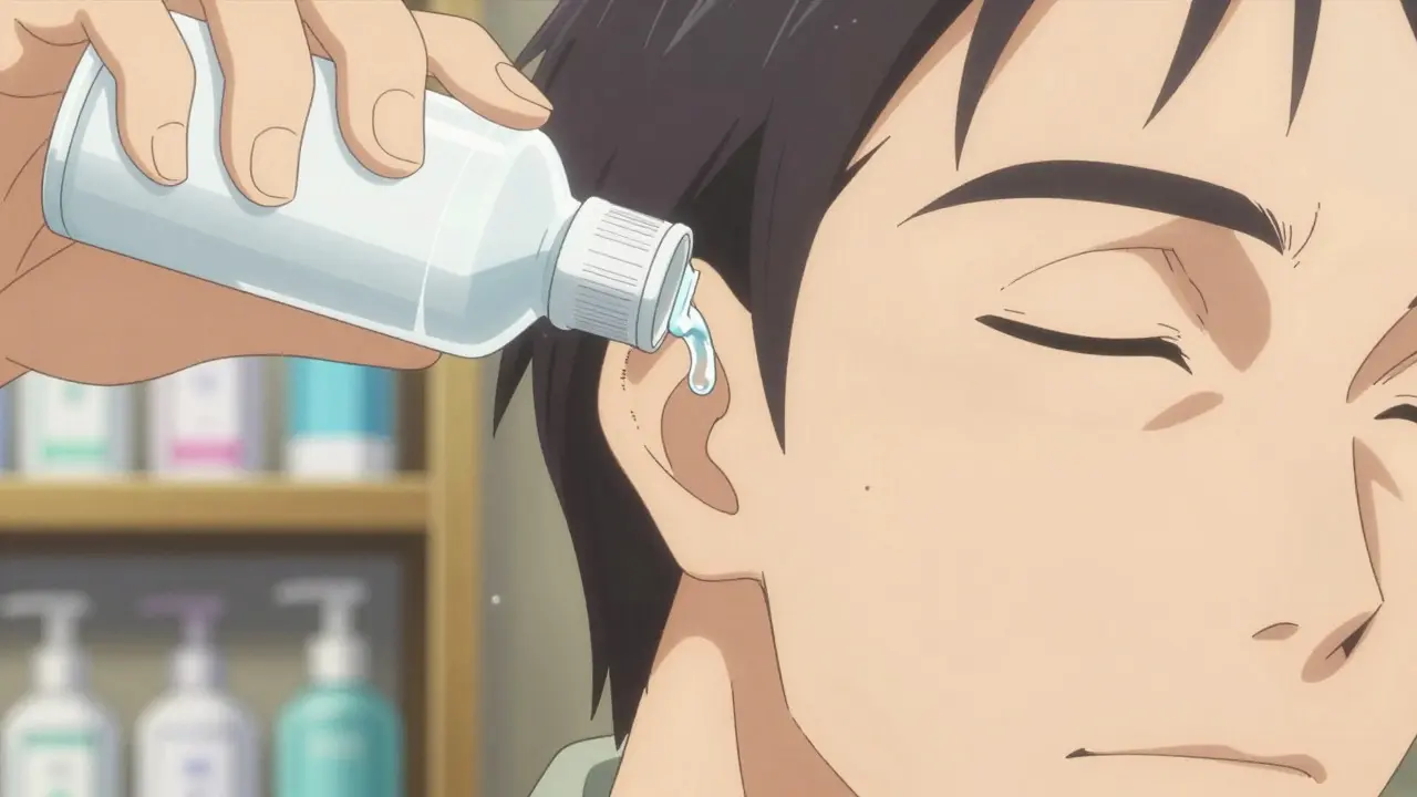 Close-up of applying ear drops in shounen anime style