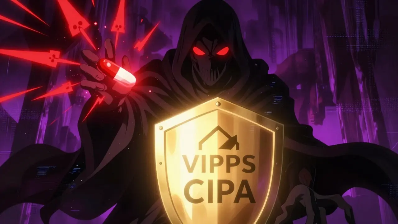 Dark figure offering dangerous pills blocked by certification shields.