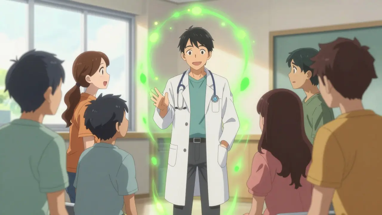 Doctor reassuring patients with positive communication in clinic