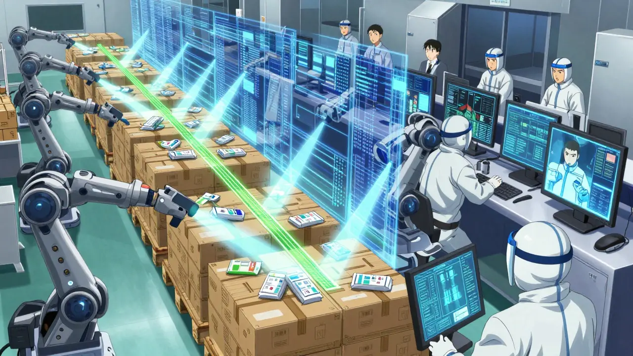 High-tech factory line scanning drug packages with digital data streams