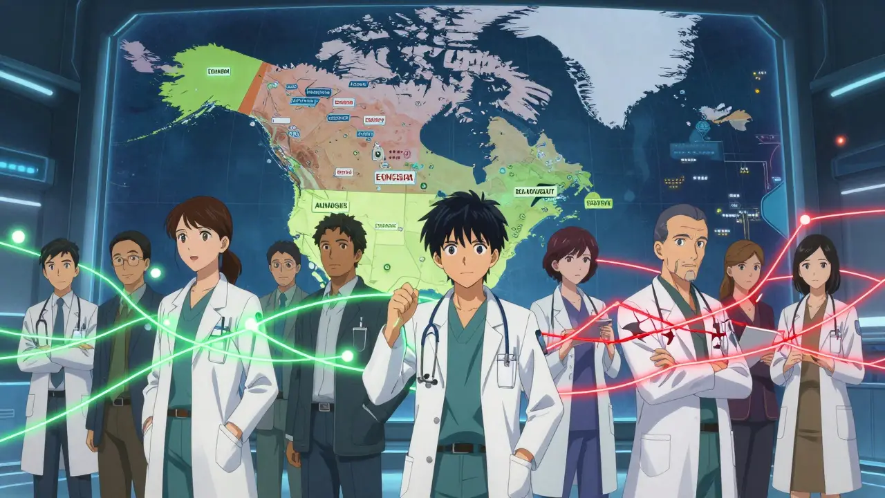 Medical team connected by digital threads against a map of varying laws