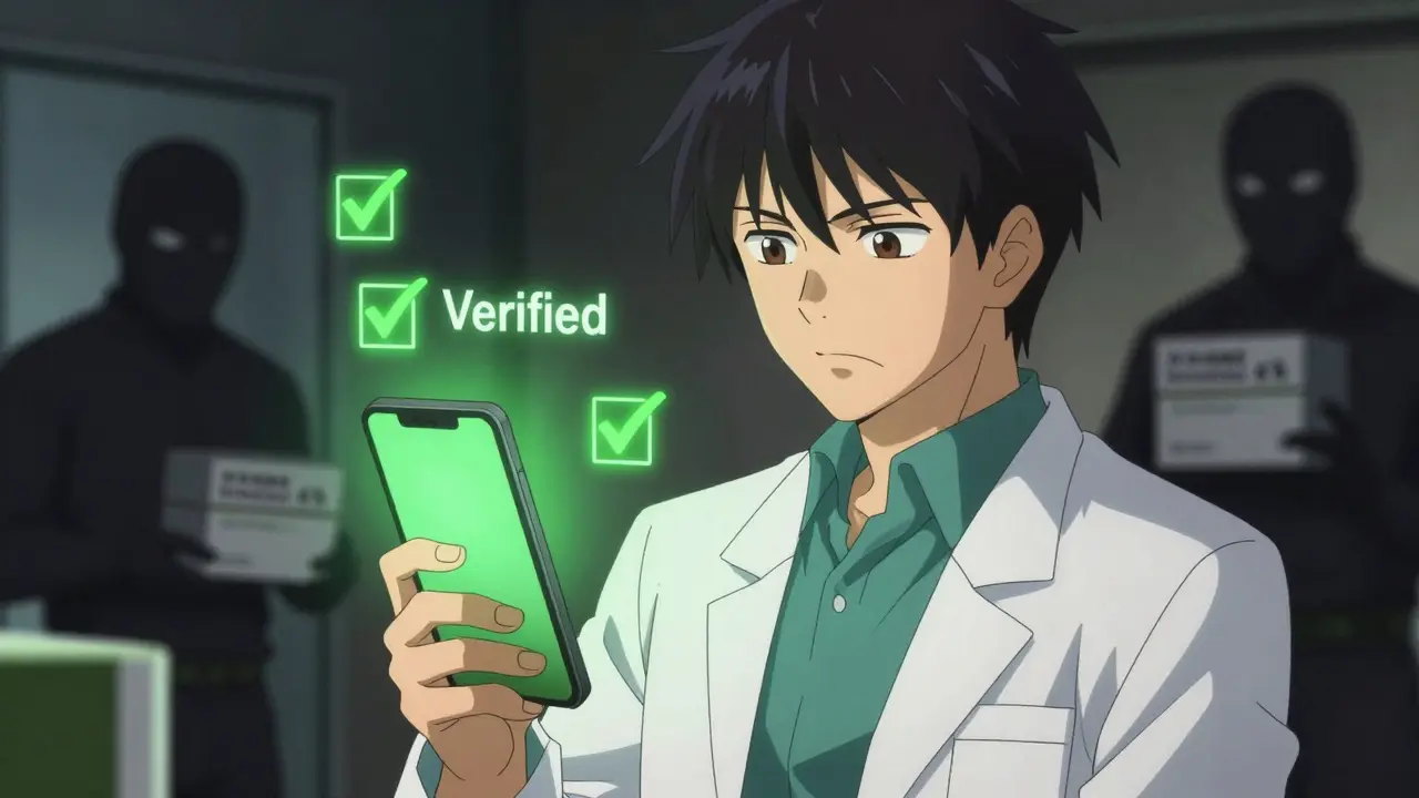 Pharmacist scanning medication code with smartphone in dramatic lighting