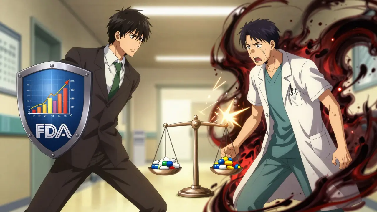 Regulatory figure vs skeptical doctor arguing over drug substitution balance