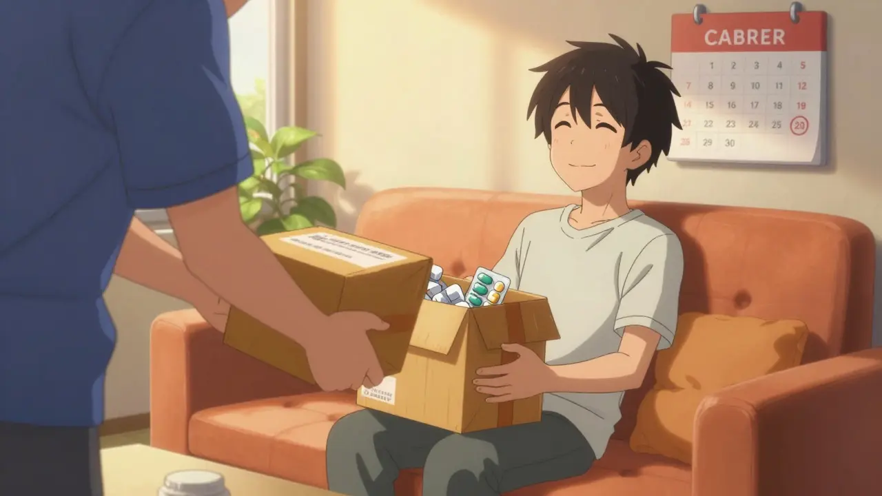 Relaxed anime character receiving bulk medication delivery at home