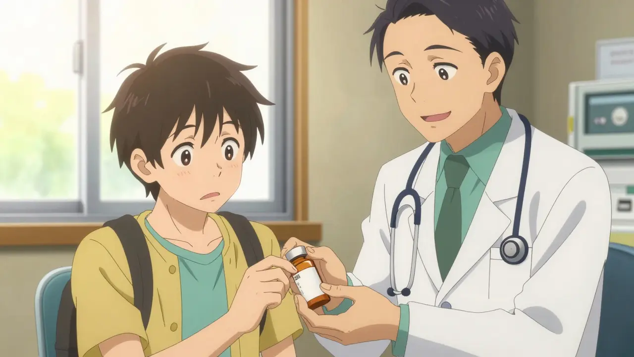 Relieved anime traveler receiving meds from smiling doctor