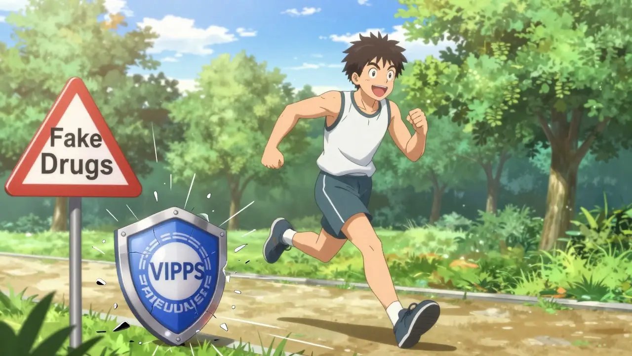 Runner with shield breaking fake drug signs