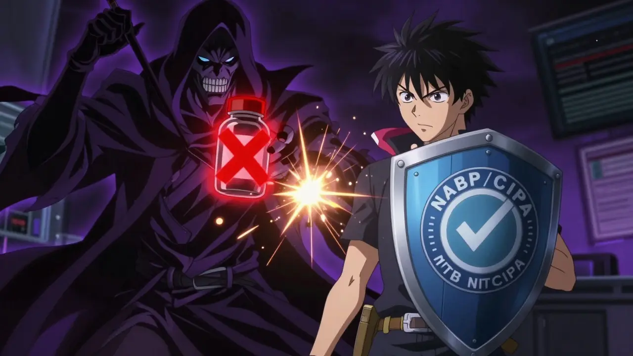 Shounen anime hero blocking fake pharmacy villain