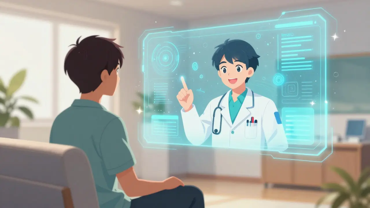 Shounen style scene of a patient consulting a doctor via a futuristic screen