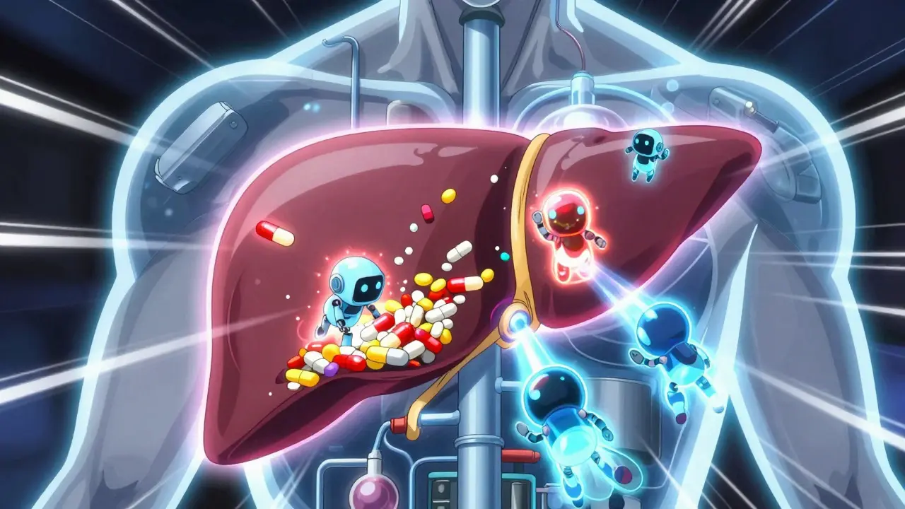 Stylized liver enzymes processing drugs in anime art style
