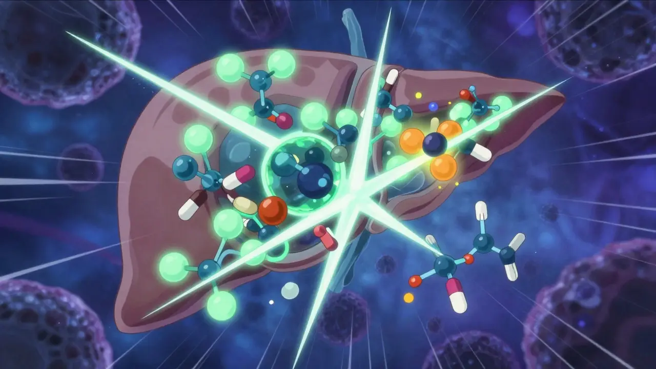 Abstract anime-style visualization of molecules interacting inside a liver