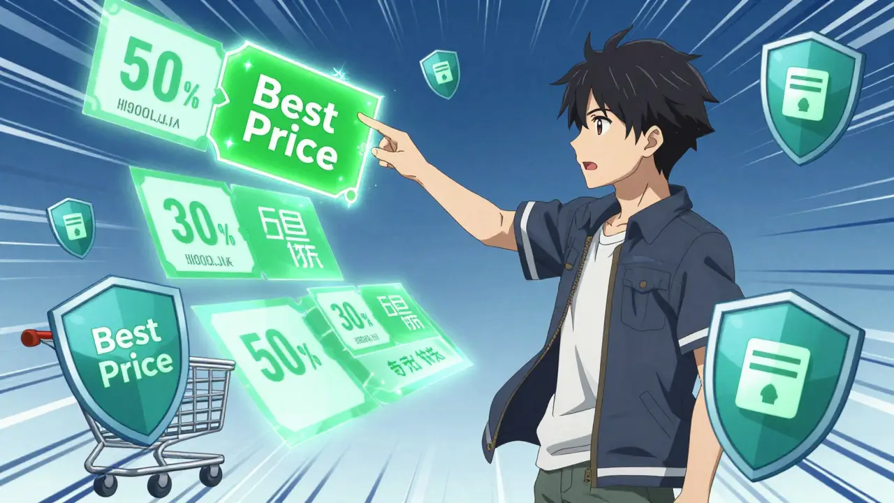 Anime character analyzing floating price tags and discounts strategically