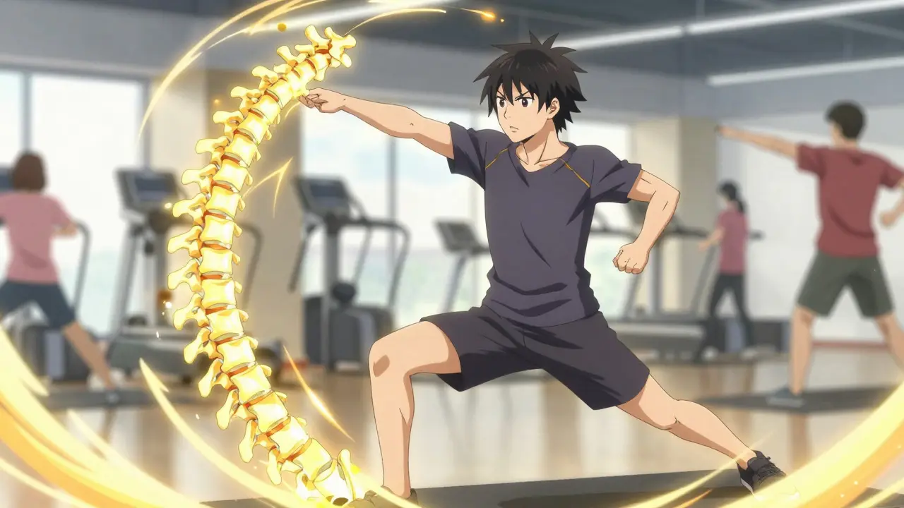 Anime character doing spinal exercises with glowing energy aura
