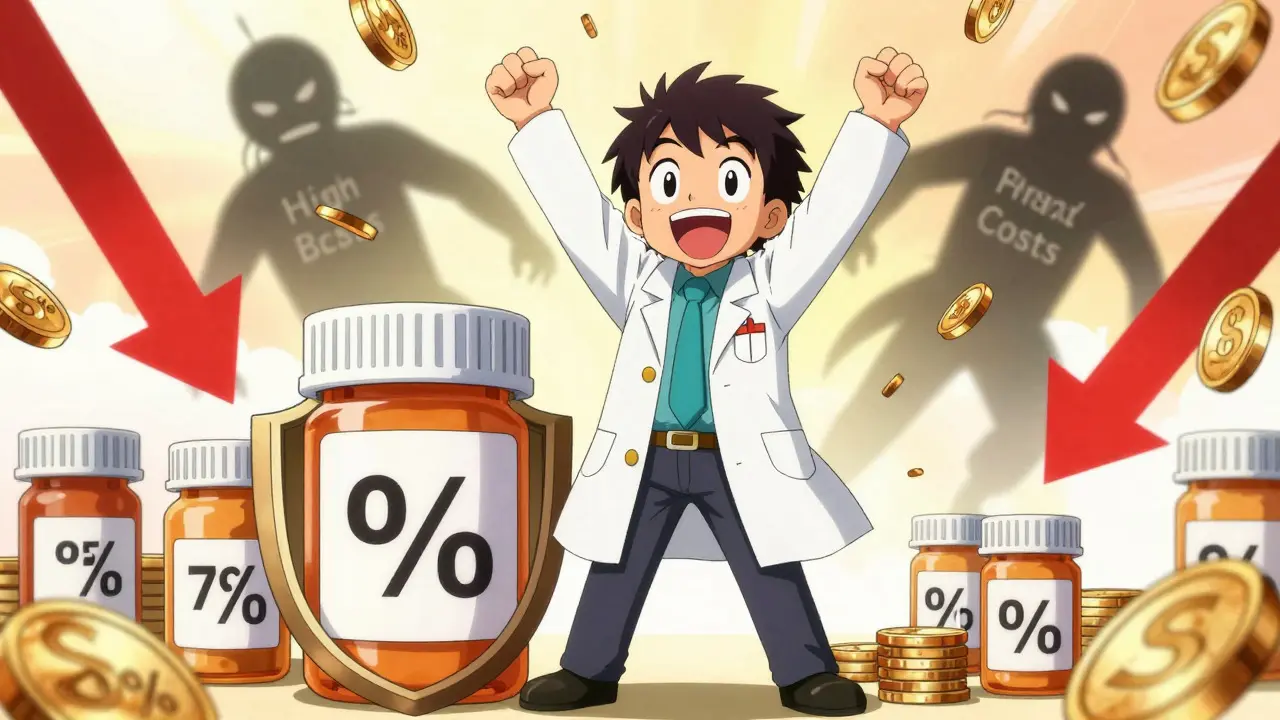 Anime pharmacist celebrating massive cost savings on medication