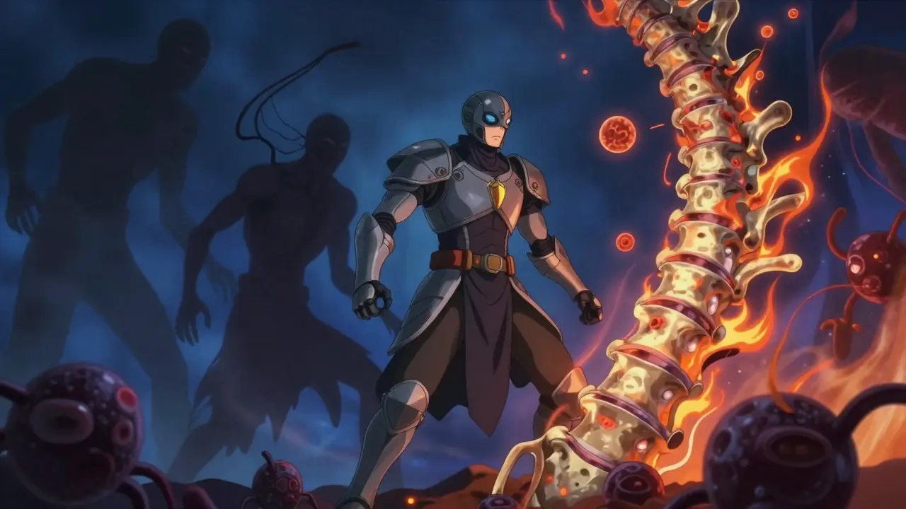 Anime style warrior defending spine from shadowy inflammation monsters