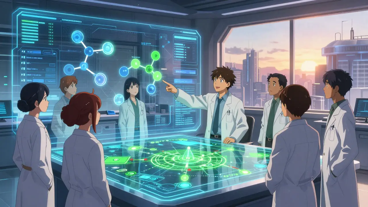 Anime team analyzing holographic data in a futuristic control room during sunrise
