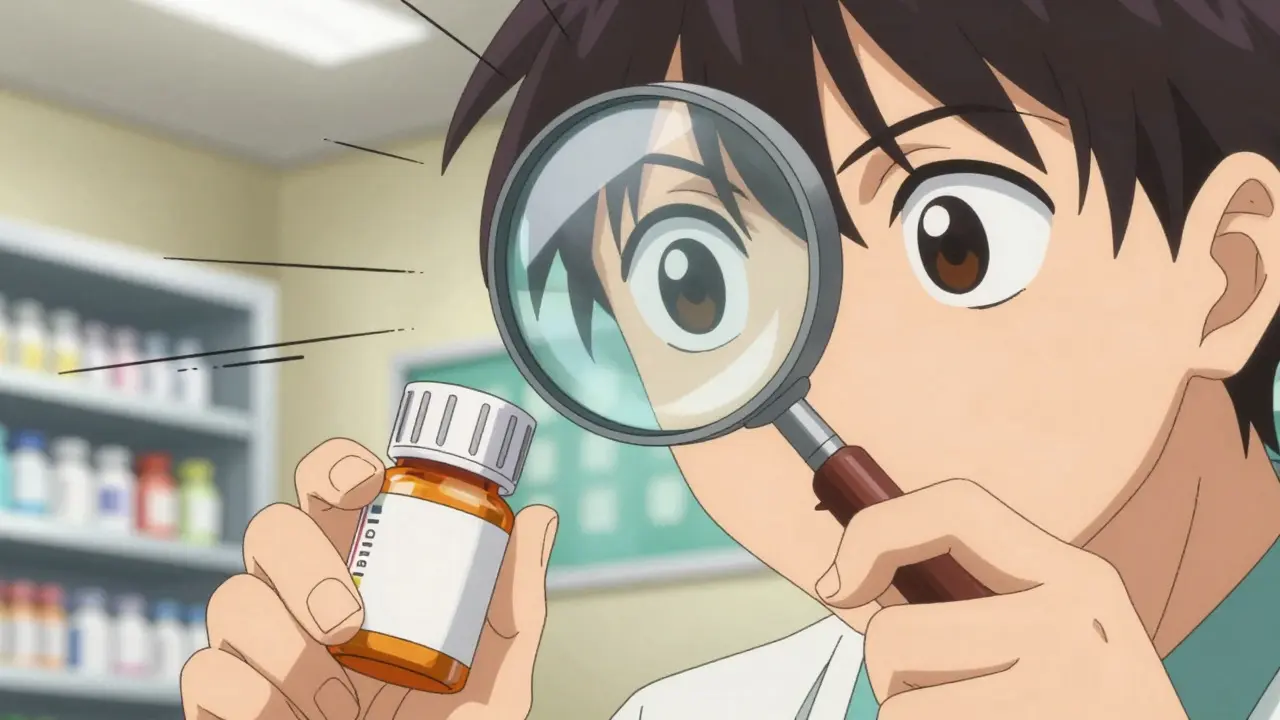 Close up of hand using magnifier on pill label in anime style