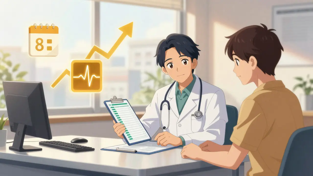 Doctor and patient reviewing health logs with golden symbols of progress in sunlight.