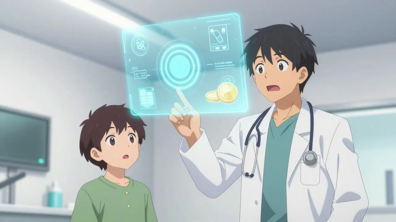 Doctor and patient viewing a holographic medical interface in a bright clinic