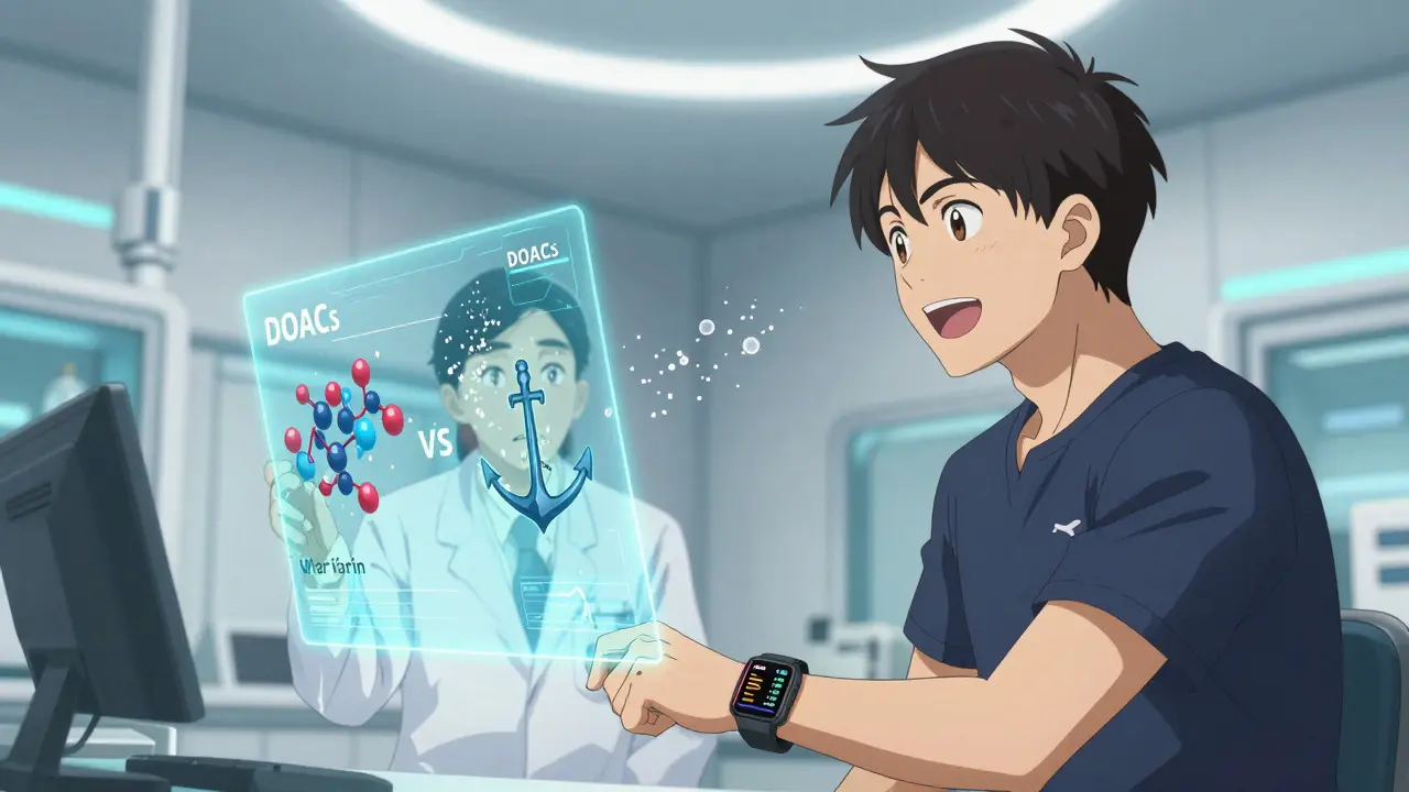 Doctor explaining blood thinner science to an anime athlete