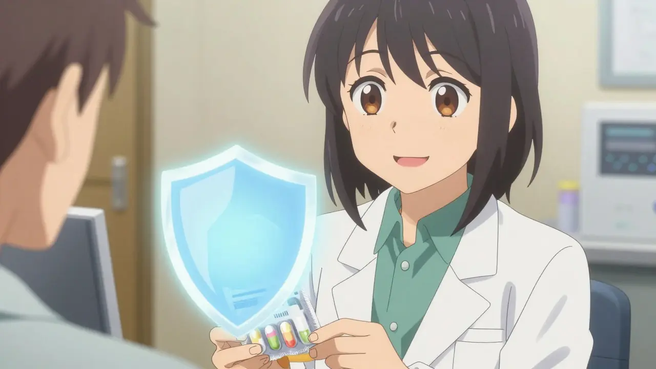 Friendly anime pharmacist handing safe medication to a customer