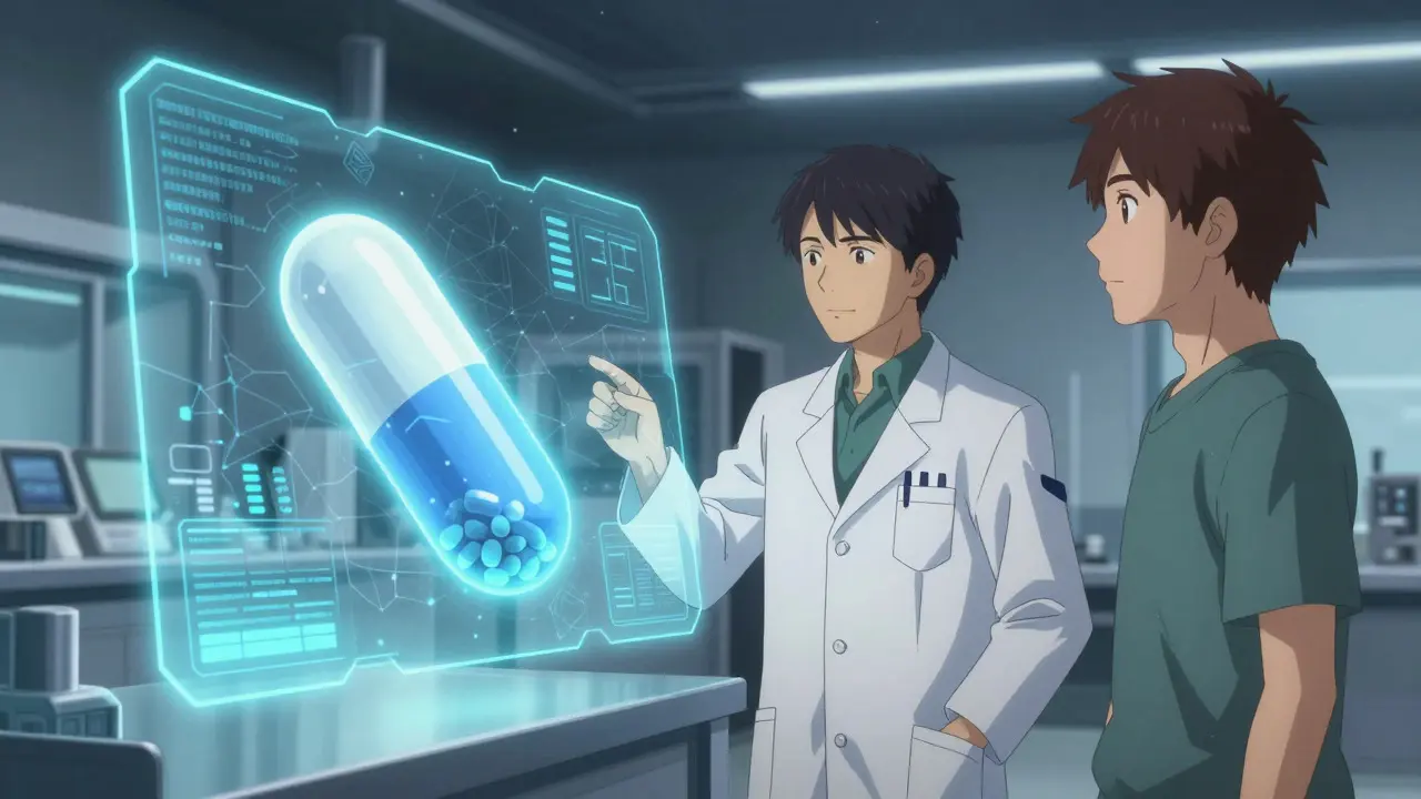 Futuristic anime scene showing a doctor and patient viewing a holographic modular pill design for better medication management