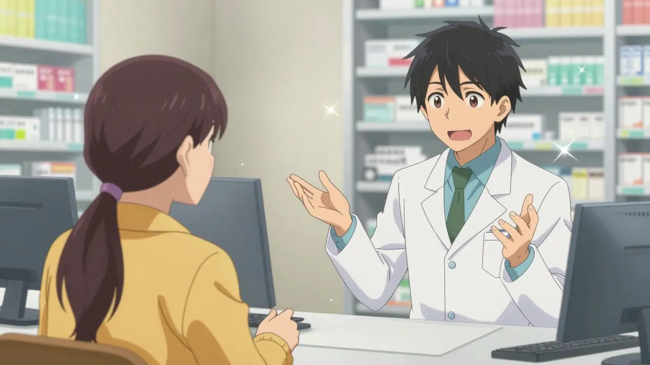 Patient and pharmacist discussing medication in anime art