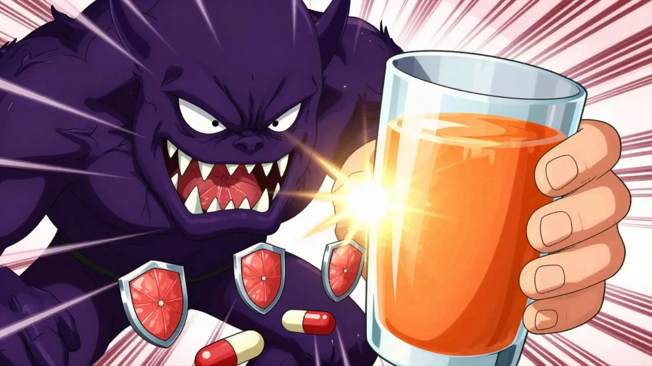 Shounen anime scene showing a grapefruit monster threatening pills, blocked by orange juice.