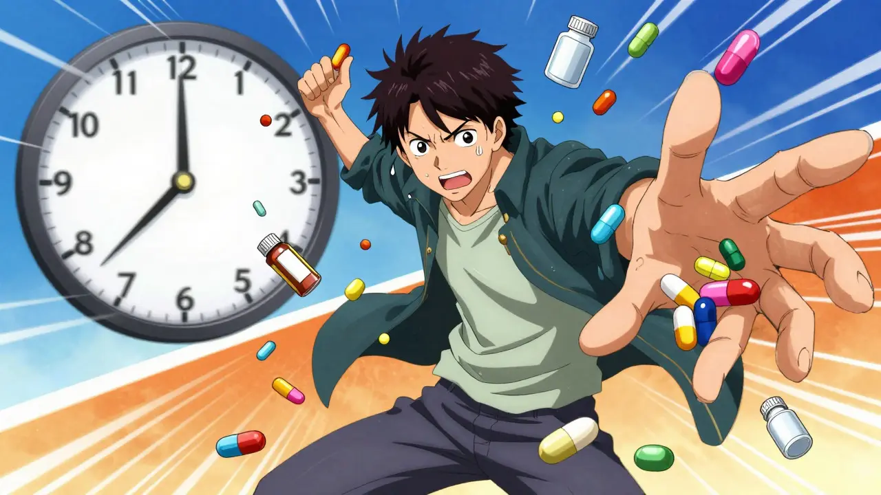 Stressed anime character juggling multiple pills and bottles, illustrating the difficulty of managing complex medication routines