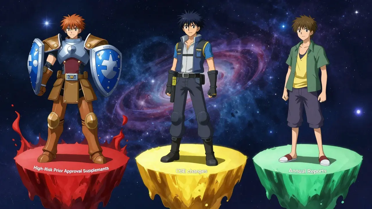Three anime characters on colored platforms representing different levels of regulatory risk