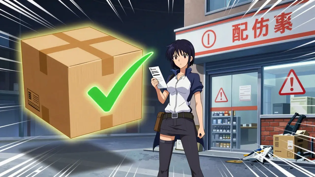 Veteran choosing between a floating delivery box and a retail store in anime style